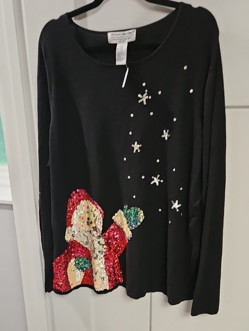 Sequin Santa Black Scoop Neck Holiday Sweater